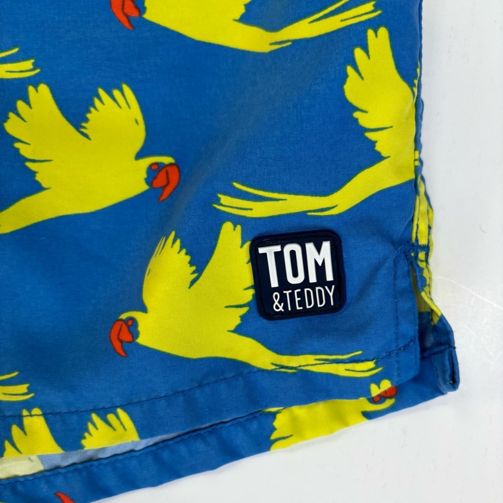 TOM & TEDDY Parrot Swim Trunks Board Shorts 7” Blue Yellow Size Large EUC - Picture 4 of 14